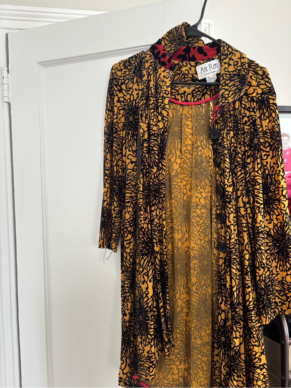 Vintage An Ren Mustard Yellow & Black Floral Midi Dress